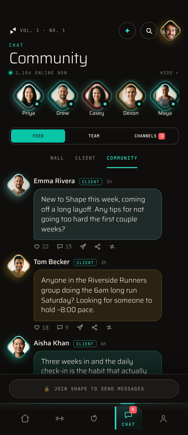 The app’s Community feed: members’ posts with who is online along the top