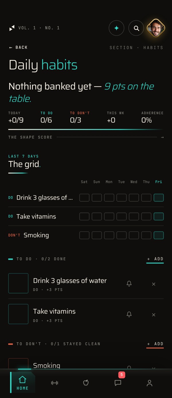The app’s Habits ledger: each habit tapped to log, with the last seven days as a grid
