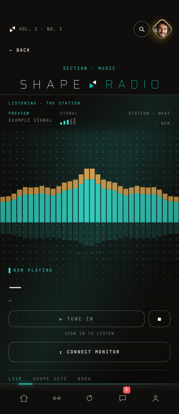 The app&rsquo;s Radio page: the Signal Field drawing the station&rsquo;s live spectrum over a field of dots