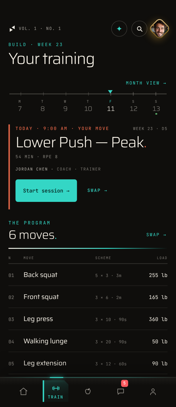 The app’s Train screen: today’s session with its coach and a Start button, then the program move by move with sets and loads