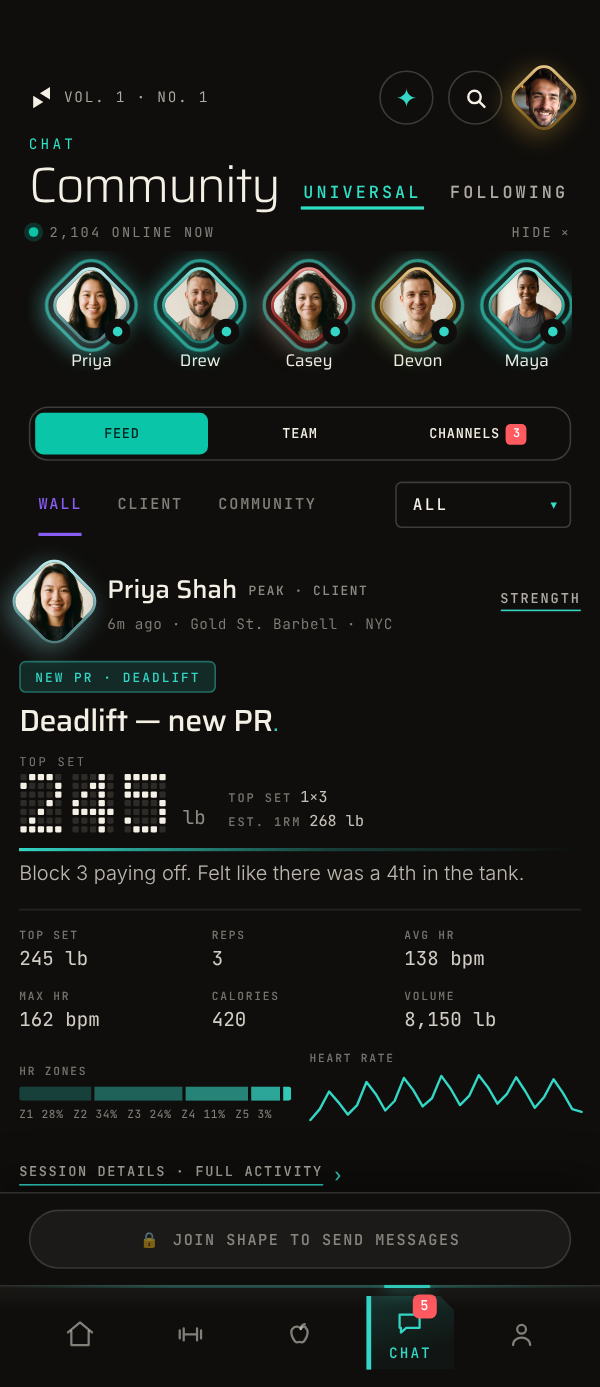 The app&rsquo;s Wall: a personal best as a record plate, with the session&rsquo;s stats, heart-rate zones and trace beneath it