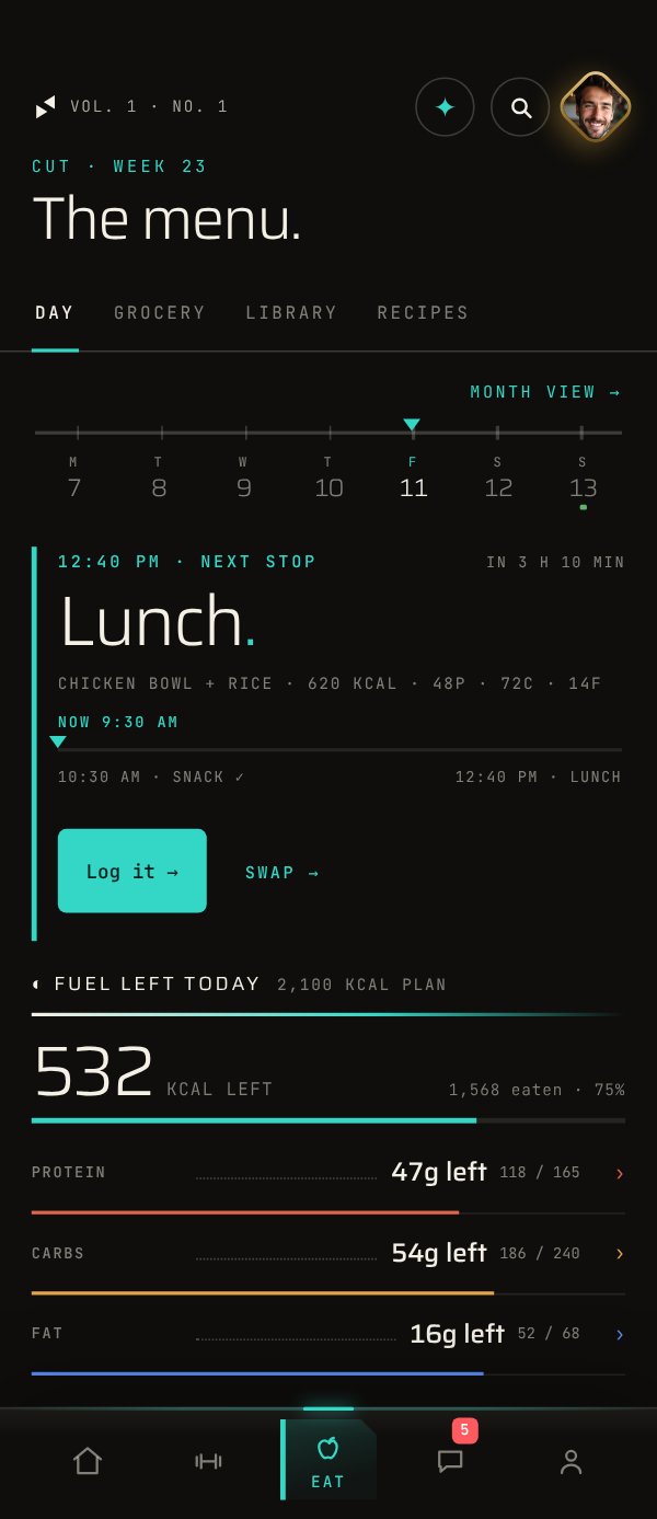 The Eat screen: lunch up next with Log it and Swap, then the fuel left today, 532 kcal, and what is left of each macro